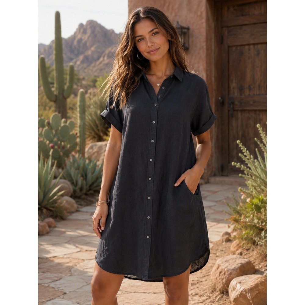 Gap Womens Black Linen Cotton Blend Short Sleeve Button Down Shirt Dress Large